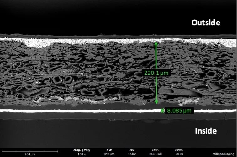 常溫牛奶包裝紙盒的截面掃描電子顯微鏡圖